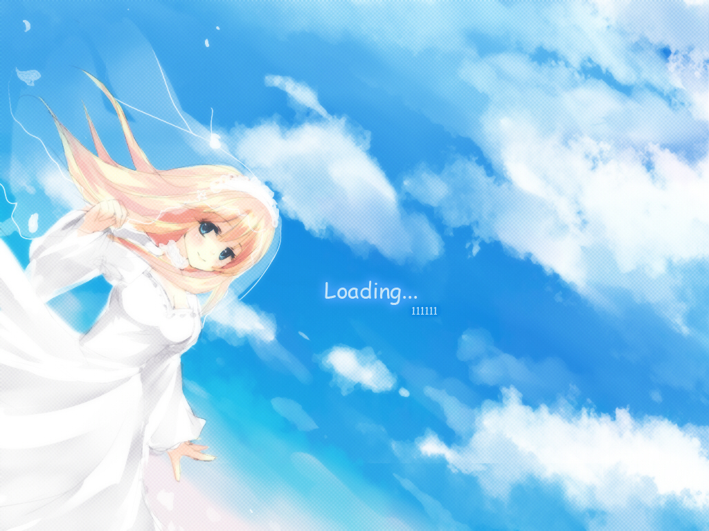 artist_name blonde_hair breasts character_request cleavage cloud copyright_request day dress long_hair long_sleeves medium_breasts sky smile solo veil verjuice wedding_dress wide_sleeves