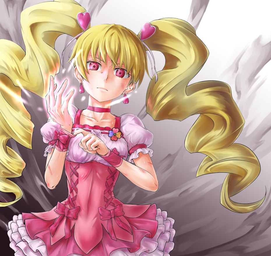 blonde_hair bow choker corset cure_peach fresh_precure! grey_background hair_ornament hairpin heart heart_hair_ornament ko-soku_baita long_hair magical_girl momozono_love pink_bow pink_choker pink_eyes precure ribbon serious solo twintails wrist_cuffs