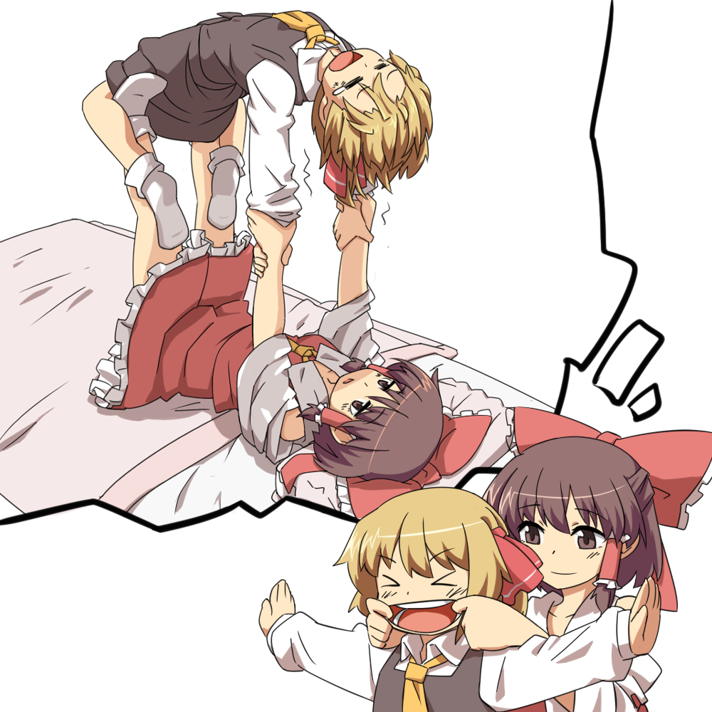 &gt;_&lt; =_= ascot bare_shoulders blonde_hair bow closed_eyes detached_sleeves hair_bow hair_ribbon hair_tubes hakurei_reimu hihachi imagining mouth_pull multiple_girls outstretched_arms ribbon rumia short_hair smile socks spread_arms surfboard_(wrestling) tears teeth thought_bubble touhou white_background wrestling