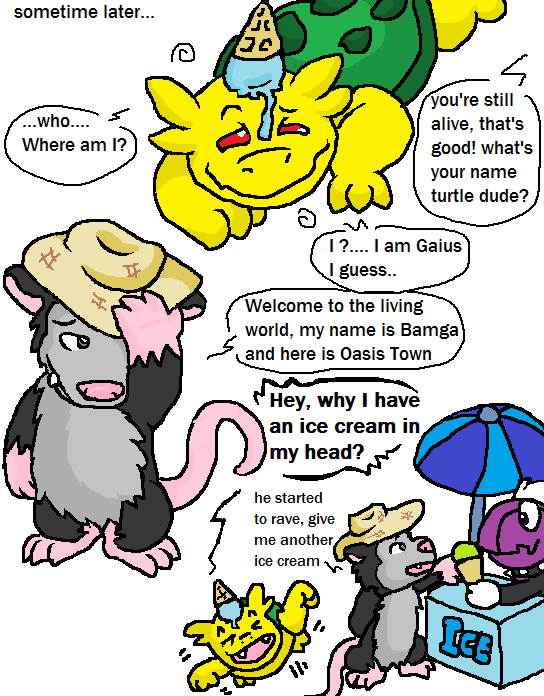 cactus collar english_text fur grey_fur guil_bunny hat ice_cream male mammal marsupial opossum red_eyes reptile scalie sun text turtle yellow_body