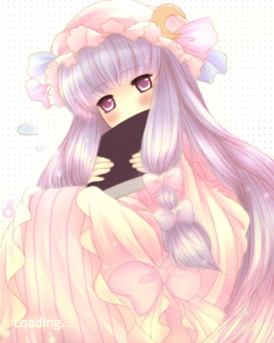 artist_name blush book bow covering_mouth crescent flying_sweatdrops hair_bow hat highres long_hair patchouli_knowledge purple_eyes purple_hair solo touhou verjuice very_long_hair