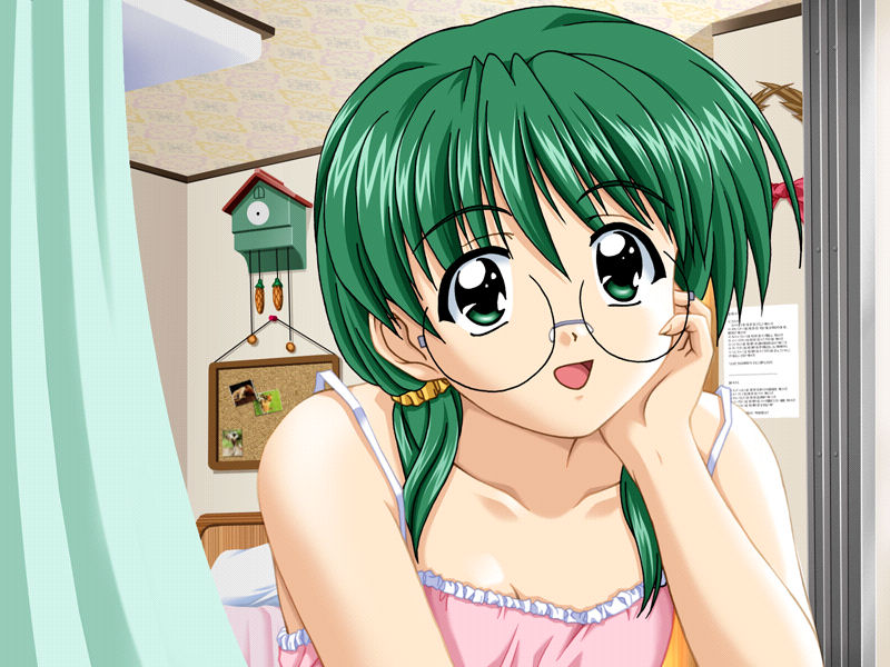 1girl bed doushin game_cg glasses green_hair happy komiya_haruto pillow short_hair suruga_miho