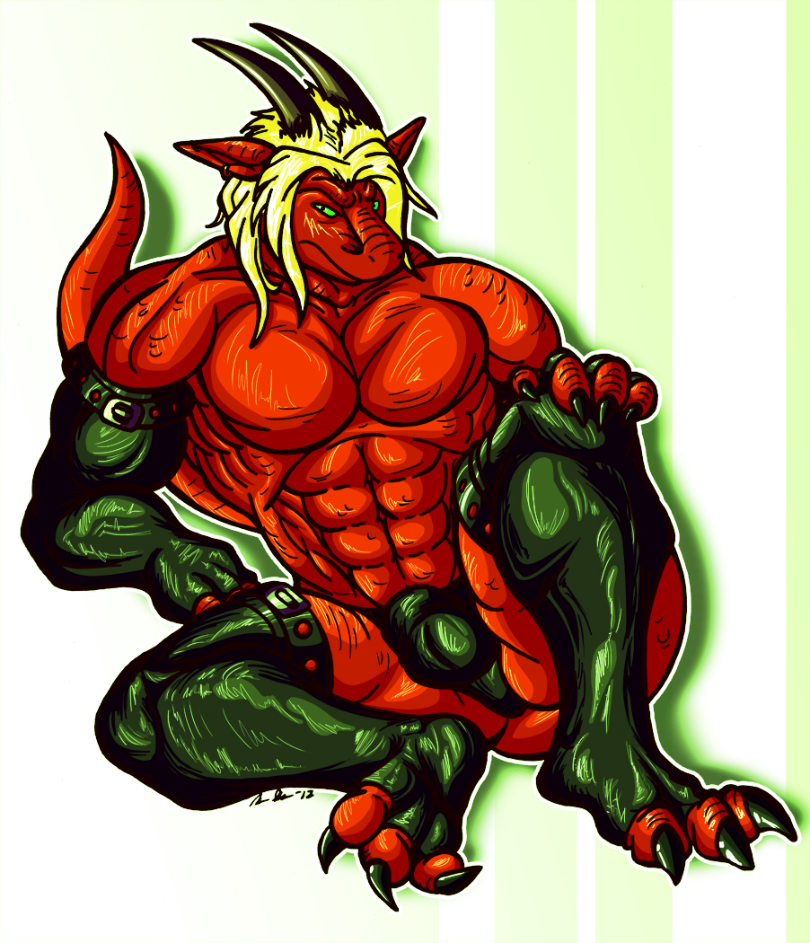 abs anthro balls belt biceps big_muscles blonde_hair bulge claws clothed clothing dragon drakians flaccid gloves green_eyes hair half-dressed horn larathen latex legwear long_hair looking_at_viewer male muscles pecs penis pose red red_body red_dragon rubber scales sitting solo speedo spread_legs spreading stockings swimsuit thong toe_claws toeless_socks topless underwear