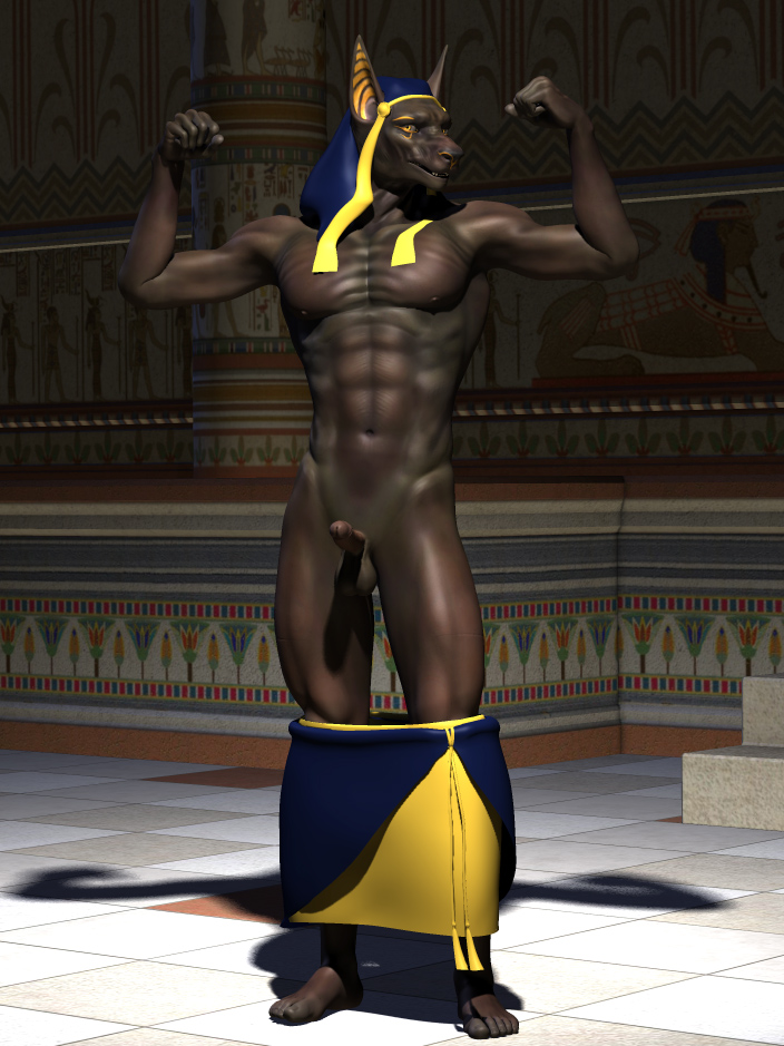 abs anthro anubian_jackal anubis balls biceps brown_body canine cgi clothed clothing deity egyptian erection flexing fur half-dressed headdress jackal looking_at_viewer male mammal michael4 muscles nipples nude pecs penis pose presenting skirt solo source_request standing topless uncut undressing wookiee_(artist) yellow_eyes