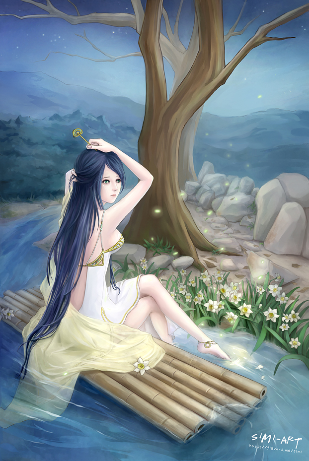 anklet bad_id bad_pixiv_id bare_legs barefoot breasts bug crossed_legs dress feet firefly flower green_eyes insect jewelry long_hair medium_breasts nature original raft river rock sideboob sitting soaking_feet tree very_long_hair water xi_mi