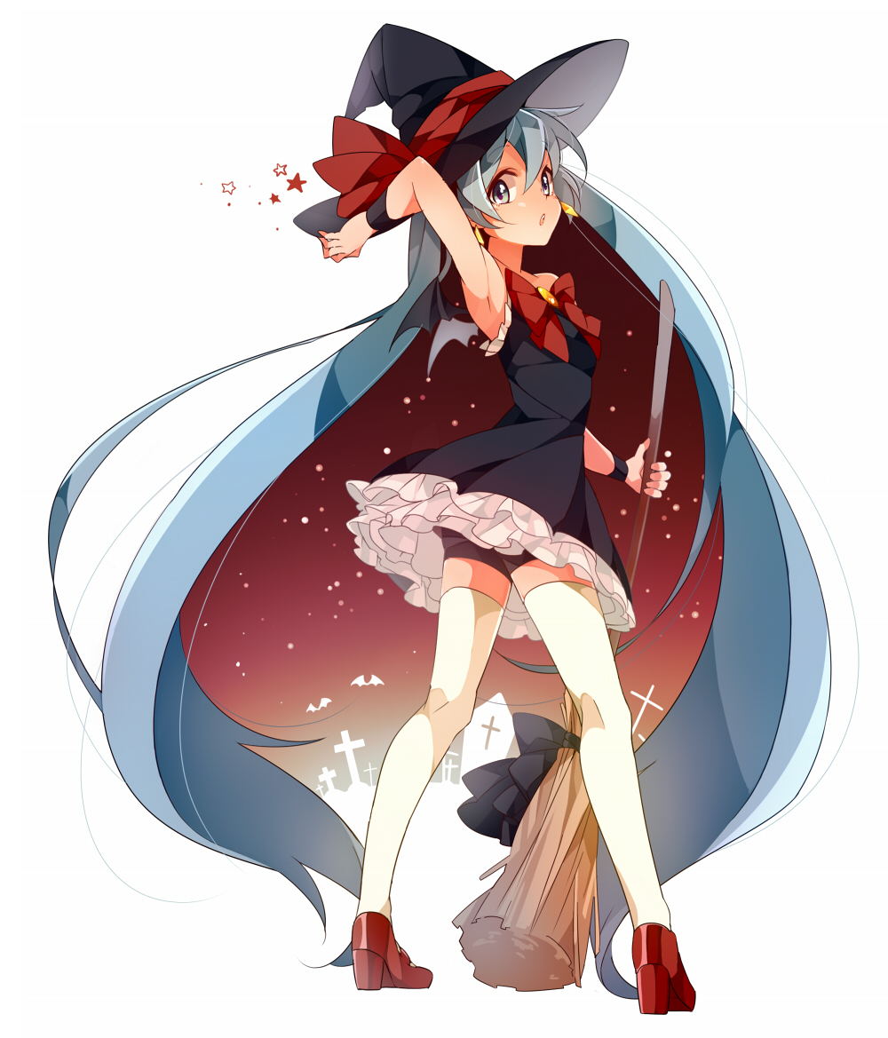 :o aqua_eyes aqua_hair arm_up armpits bike_shorts blue_eyes blue_hair bow broom dress earrings full_body hat hat_ribbon hatsune_miku high_heels holding hoop_earrings jewelry long_hair looking_at_viewer looking_back open_mouth ribbon shoes simple_background solo star thighhighs twintails u35 very_long_hair vocaloid white_background white_legwear witch witch_hat