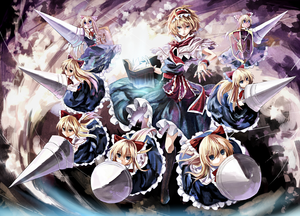 alice_margatroid blonde_hair blue_dress blue_eyes book bow capelet dress grimoire grimoire_of_alice hair_bow hairband jewelry lance long_hair looking_at_viewer necktie polearm puppet_rings puppet_strings ring sash sen'yuu_yuuji shanghai_doll shield short_hair short_sleeves solo touhou weapon wrist_cuffs