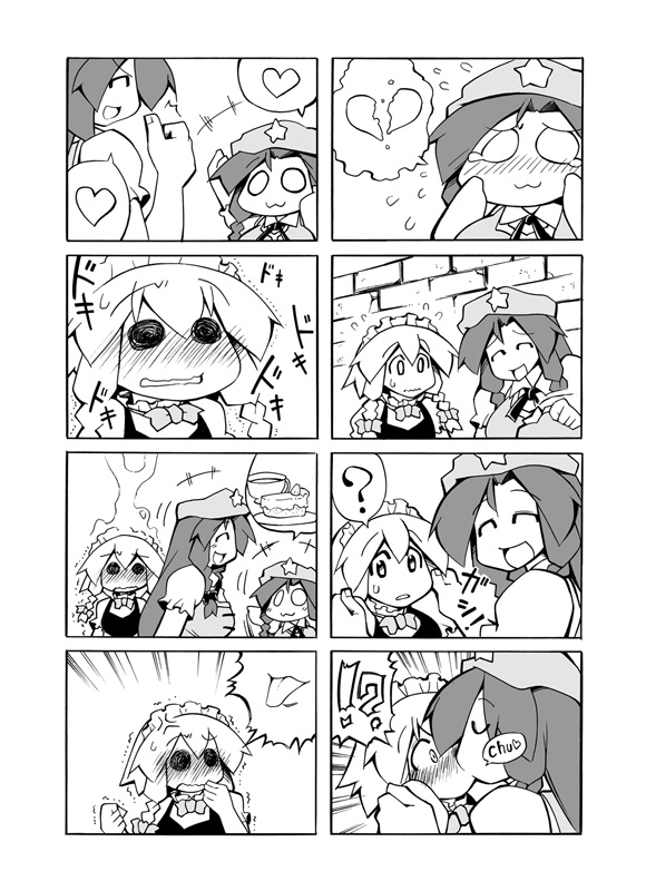 4koma :3 bad_id bad_pixiv_id blush braid broken_heart cake closed_eyes comic cup food greyscale hat heart hong_meiling izayoi_sakuya kiss maid maid_headdress monochrome multiple_girls o_o shocked_eyes silent_comic solid_circle_eyes spoken_heart star teacup tears tongue tongue_out touhou twin_braids ushi yuri