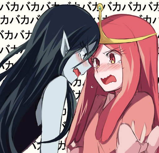 adventure_time aoki_shizumi black_hair blush couple eye_contact face-to-face forehead-to-forehead long_hair looking_at_another marceline_abadeer multiple_girls pink_eyes pink_hair pointy_ears princess_bonnibel_bubblegum ribbon tears tiara tsundere upper_body wavy_mouth yuri