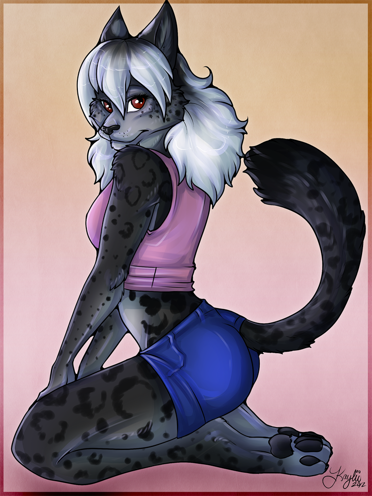 big_ears clothed clothing feline female hair hindpaw hybrid karian kaylii kneeling looking_at_viewer mammal panther paws red_eyes serval shirt shorts skimpy solo spots tank_top white_hair