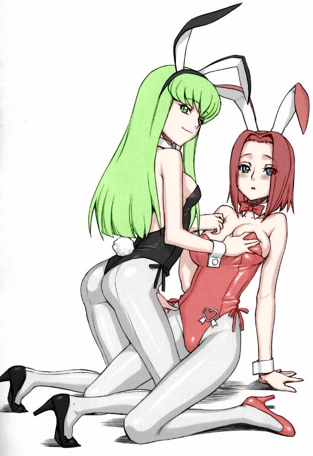 2girls animal_costume animal_ears arm_support ass bare_shoulders blue_eyes blush bow bowtie breast_grab breasts bunny_ears bunny_girl bunny_tail bunnysuit c.c. code_geass detached_collar detached_sleeves fake_animal_ears grabbing green_eyes green_hair high_heels kallen_stadtfeld long_hair looking_at_viewer multiple_girls open_mouth parted_lips red_hair shoes short_hair sideboob simple_background tail thighs tongue white_background white_legwear yuri