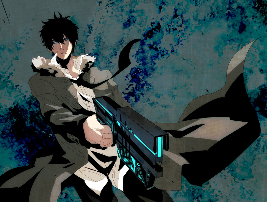 black_hair blue_eyes coat dominator_(gun) gun handgun kougami_shin'ya male_focus necktie psycho-pass solo warakusa weapon