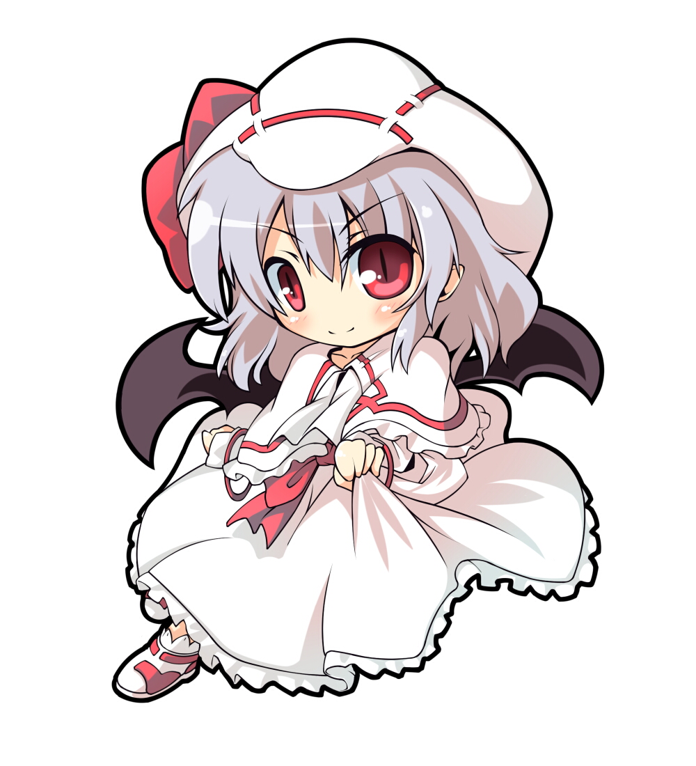 ascot bat_wings blush bracelet capelet curiosities_of_lotus_asia hat hat_ribbon jewelry long_sleeves red_eyes remilia_scarlet ribbon silver_hair slit_pupils smile solo take_tonbo touhou white_background wings