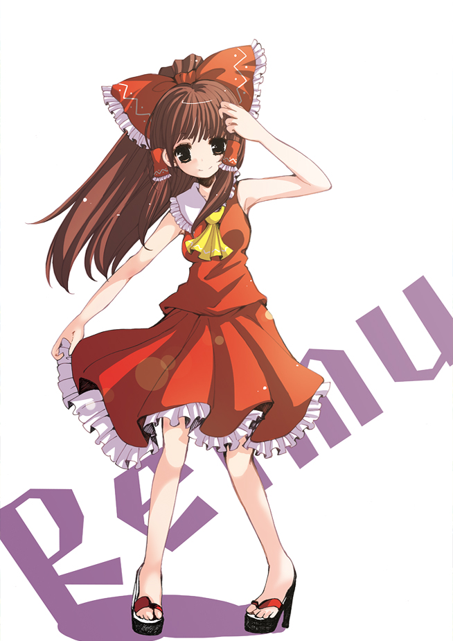 bad_id bad_pixiv_id bow brown_hair catbell character_name hair_bow hair_tubes hakurei_reimu long_hair looking_at_viewer simple_background smile solo touhou white_background