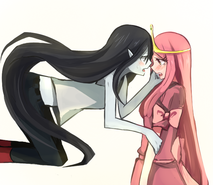 adventure_time aoki_shizumi bad_id bad_pixiv_id black_hair blush couple eye_contact face-to-face flying long_hair looking_at_another marceline_abadeer multiple_girls pink_eyes pink_hair pointy_ears princess_bonnibel_bubblegum ribbon simple_background tears tiara very_long_hair white_background yuri