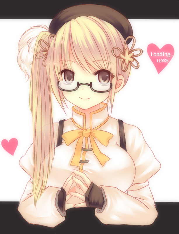 alternate_hairstyle artist_name bespectacled blonde_hair glasses hair_ornament hat heart long_hair long_sleeves mahou_shoujo_madoka_magica puffy_sleeves side_ponytail smile solo tomoe_mami upper_body verjuice yellow_eyes