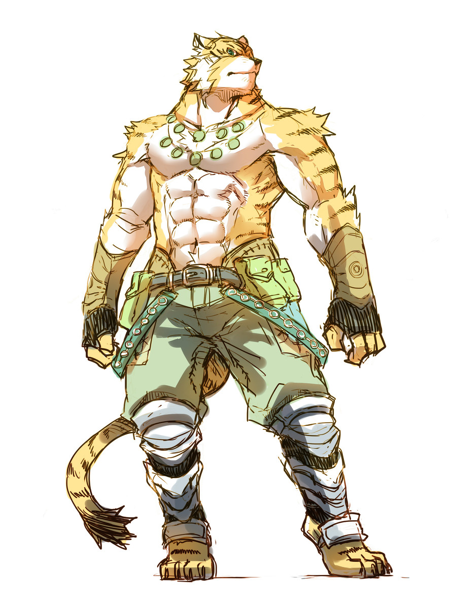 abs armor belt biceps blue_eyes body_markings claws clothed clothing feline fur gloves half-dressed male mammal markings muscles necklace pads pecs pose shorts solo standing stripes tiger toe_claws topless unknown_artist white_fur yellow_fur