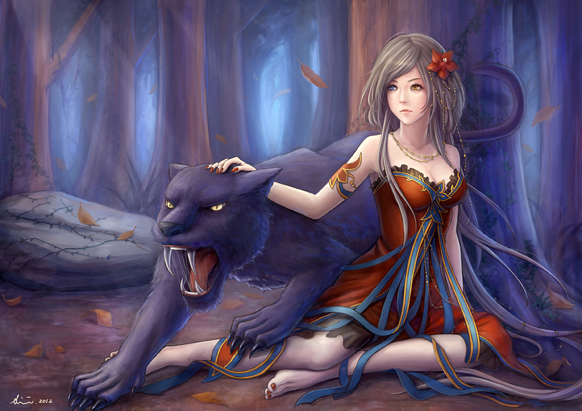 animal armlet bad_id bad_pixiv_id bare_legs barefoot black_panther brown_hair dress flower forest hair_flower hair_ornament heterochromia jewelry long_hair nature necklace original panther sitting toenail_polish xi_mi