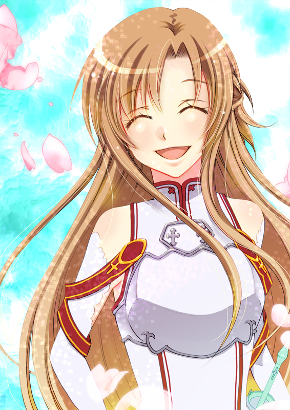asuna_(sao) breastplate brown_eyes brown_hair chiha_nae detached_sleeves long_hair md5_mismatch open_mouth smile sword_art_online