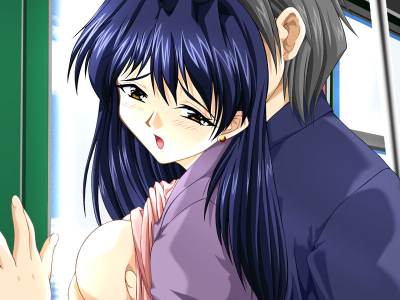 1girl blue_hair blush breast_grab doushin grabbing long_hair suruga_ryoko train