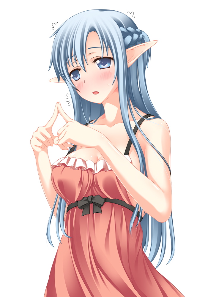 :o alternate_eye_color alternate_hair_color asuna_(sao) asuna_(sao-alo) bare_shoulders blue_eyes blue_hair blush collarbone dress elf fingers_together flying_sweatdrops long_hair pointy_ears simple_background solo sweatdrop sword_art_online umitsubame white_background