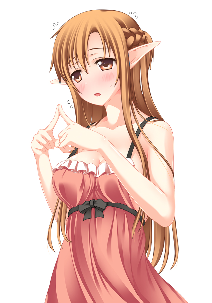 :o asuna_(sao) bare_shoulders blush brown_eyes brown_hair collarbone dress elf fingers_together flying_sweatdrops long_hair pointy_ears simple_background solo sweatdrop sword_art_online umitsubame white_background