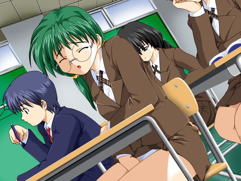 1girl classroom doushin fingering game_cg glasses green_hair komiya_haruto masturbation shirt sitting suruga_miho