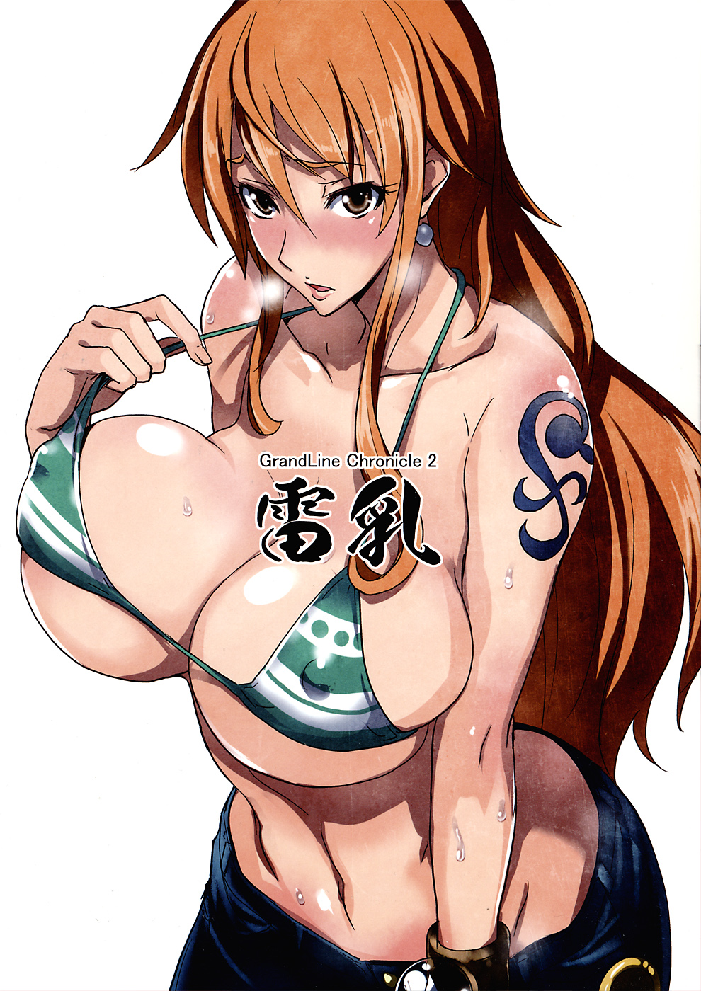 bare_shoulders bikini bikini_top blush breasts brown_eyes denim earrings erect_nipples highres huge_breasts isao jeans jewelry long_hair looking_at_viewer nami nami_(one_piece) navel one_piece open_mouth orange_hair pants solo standing sweat swimsuit tattoo
