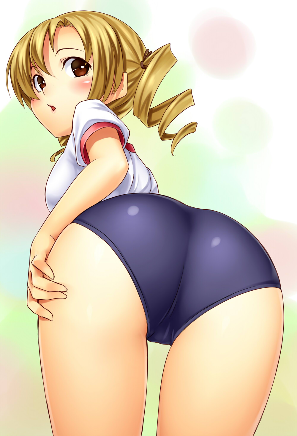 :o ass blonde_hair brown_eyes buruma drill_hair from_behind gym_uniform h_kasei hand_on_thigh highres looking_back mahou_shoujo_madoka_magica short_hair simple_background solo thighs tomoe_mami twin_drills twintails