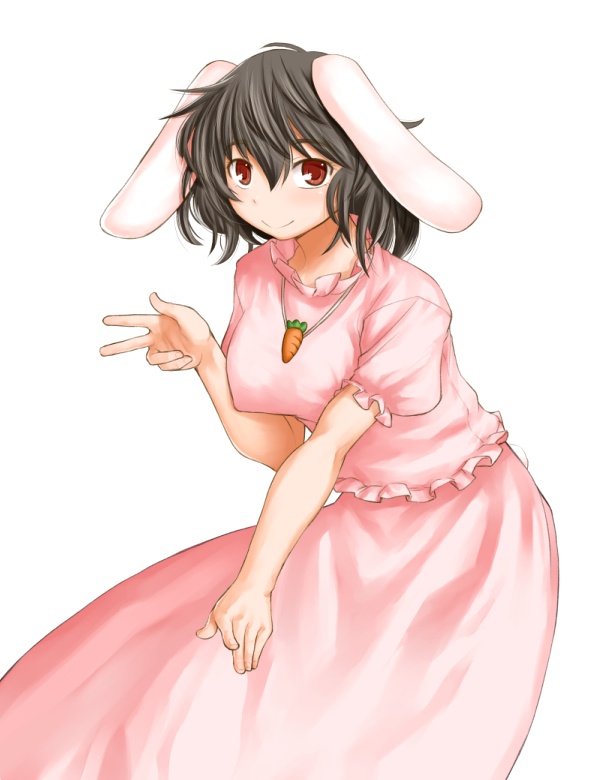 animal_ears black_hair blush breasts bunny_ears bunny_tail carrot carrot_necklace dress inaba_tewi jewelry kasuga_yukihito large_breasts necklace older pendant red_eyes revision short_hair smile solo tail teenage touhou v
