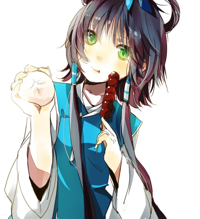 :t bangs baozi black_hair chinese_clothes eating food green_eyes hair_rings holding holding_food long_hair long_sleeves looking_at_viewer luo_tianyi short_hair_with_long_locks simple_background smile solo tanghulu upper_body very_long_hair vocaloid vocanese white_background zuoweisaib