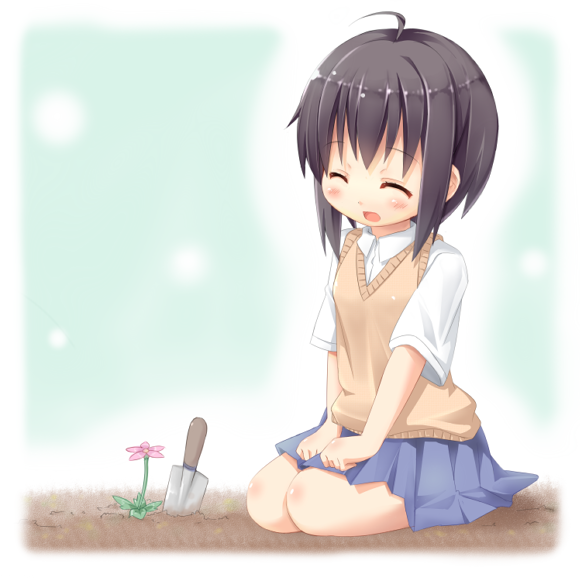 black_hair blush closed_eyes copyright_request flower gardening karaage3 open_mouth seiza sitting skirt smile solo sweater_vest