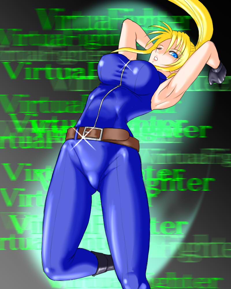 armpits arms_up belt blonde_hair blue_eyes bodysuit boots breasts gloves impossible_clothes large_breasts long_hair maboroshi_dandy one_eye_closed ponytail sarah_bryant skin_tight solo virtua_fighter