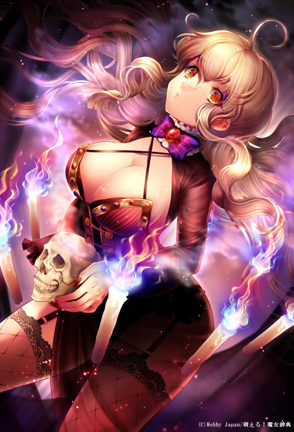 bad_id bad_pixiv_id blonde_hair breasts brown_eyes candle choker cleavage garter_straps lace lace-trimmed_thighhighs large_breasts legs long_hair momoshiki_tsubaki original ribbon skull solo thighhighs thighs underwear