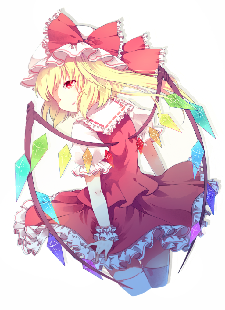 anthiea bad_id bad_pixiv_id blonde_hair dress flandre_scarlet frills from_behind hat long_hair looking_back red_eyes side_ponytail solo touhou wings wrist_cuffs