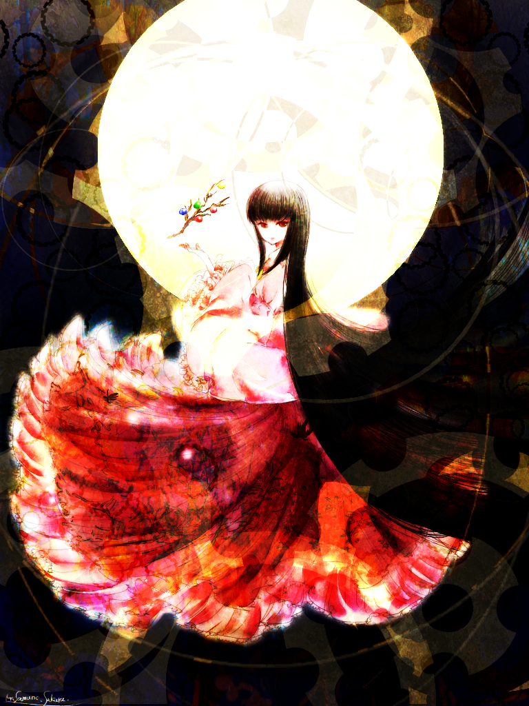 black_hair branch dress full_moon hime_cut houraisan_kaguya japanese_clothes jeweled_branch_of_hourai long_hair masamune_(eight5050) moon red_eyes solo touhou