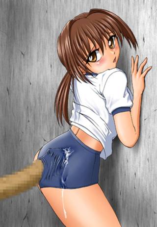 ass blush brown_hair buttjob cum cum_in_clothes cum_on_ass cum_on_clothes cum_through_clothes ejaculation long_hair lowres open_mouth penis penis_under_clothes rubbing