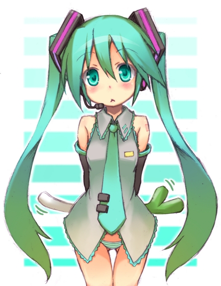 :&lt; aqua_eyes aqua_hair arms_behind_back bare_shoulders blush detached_sleeves hair_ornament hatsune_miku headset long_hair looking_at_viewer necktie no_pants outline panties roke solo spring_onion striped striped_panties twintails underwear very_long_hair vocaloid