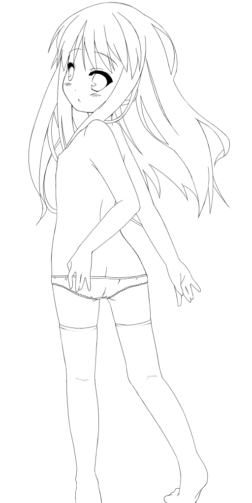 copyright_request flat_chest greyscale karaage3 lineart long_hair looking_back monochrome panties solo thighhighs topless underwear