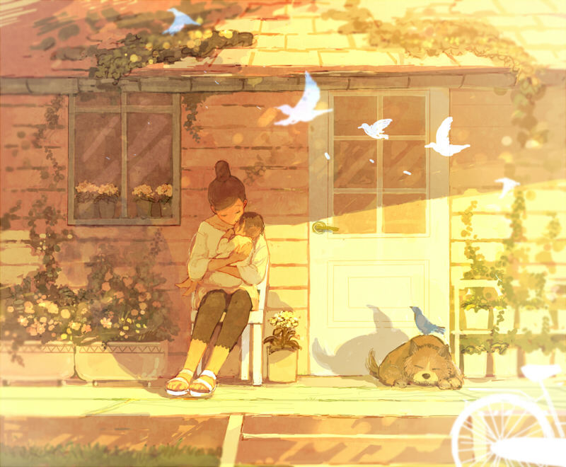 age_difference baby bicycle bird black_hair chair dog door flower flower_pot ground_vehicle holding house mother_and_daughter motherly multiple_girls original pon_(cielo) sitting sleeping window