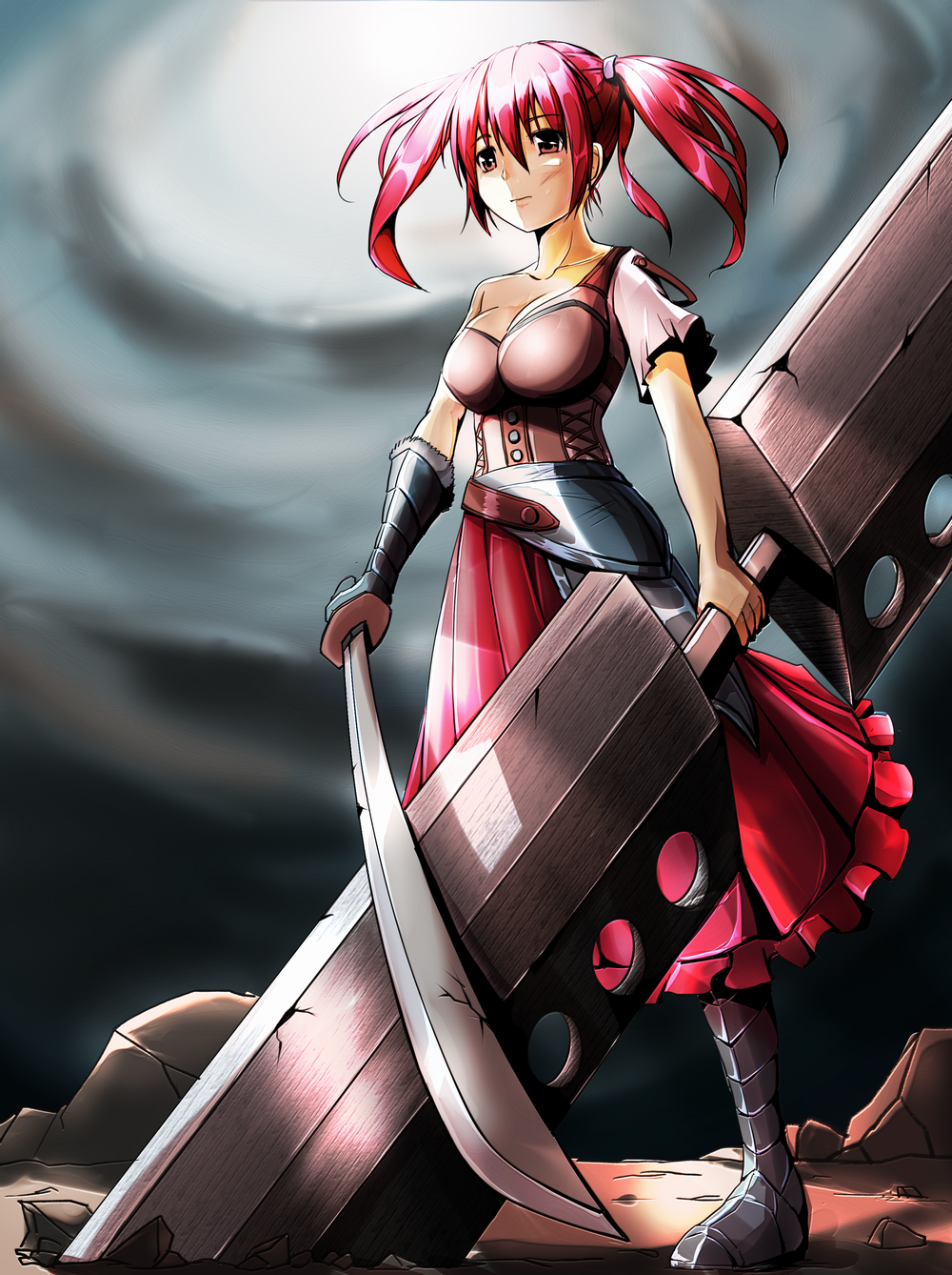 armor armored_dress asymmetrical_clothes bad_id bad_pixiv_id boots dress gauntlets highres huge_weapon koma_(wsgtt1300) original pink_eyes pink_hair red_dress short_hair short_twintails solo standing sword twintails weapon