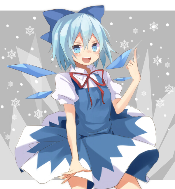 bad_id bad_pixiv_id blue_eyes blue_hair bow cirno dress hair_bow ice ice_wings looking_at_viewer mikuro0921 open_mouth puffy_sleeves ribbon short_hair short_sleeves smile solo touhou wings