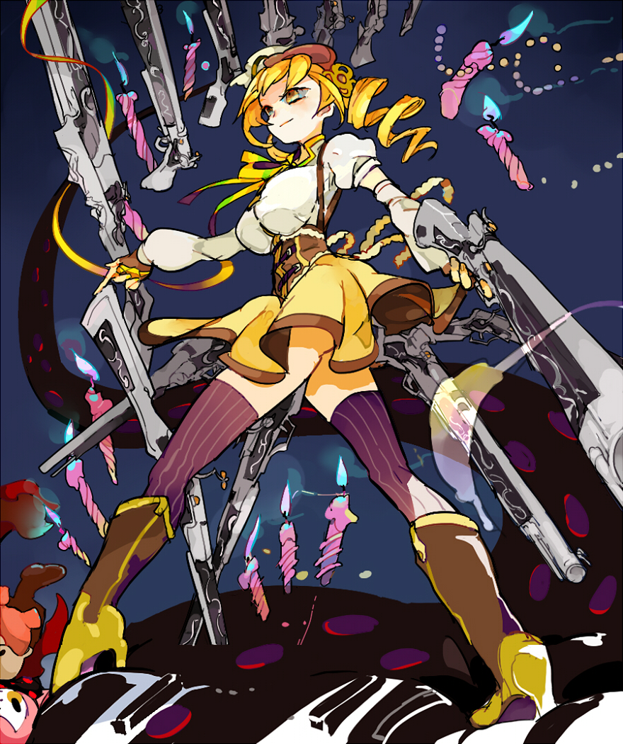beret blonde_hair boots breasts candle charlotte_(madoka_magica) detached_sleeves drill_hair fingerless_gloves gloves hat high_heels large_breasts magical_girl mahou_shoujo_madoka_magica shoes skirt striped striped_legwear thighhighs tomoe_mami uoshiro vertical-striped_legwear vertical_stripes yellow_eyes