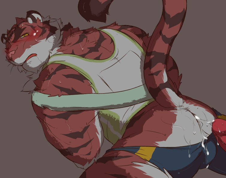 anthro anus belt biceps blush body_markings bulge butt clothing cum cum_in_ass cum_inside cum_on_butt cum_string disembodied_penis duo erection feline fur gay humanoid_penis looking_back male mammal markings muscles open_mouth partially_clothed penis pose raised_tail saliva shirt solo_focus speedo stripes sweat swimsuit tank_top tiger tight_clothing tongue unknown_artist yellow_eyes