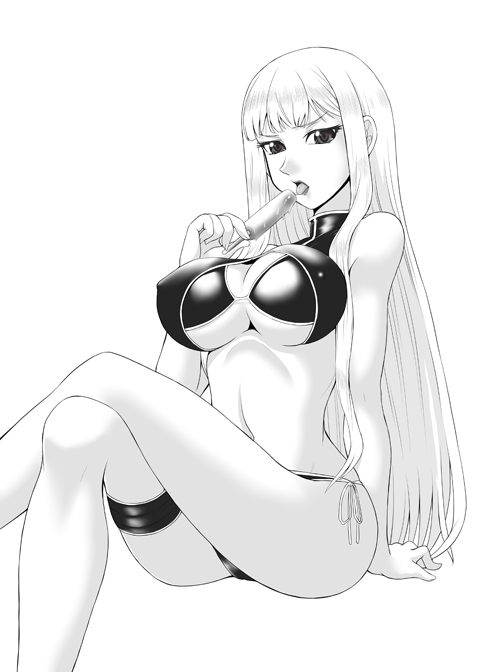 arm_support bare_shoulders bikini breasts cleavage cleavage_cutout covered_nipples crossed_legs food greyscale large_breasts legs licking long_hair looking_at_viewer monochrome navel popsicle selvaria_bles senjou_no_valkyria senjou_no_valkyria_1 side-tie_bikini sitting solo swimsuit thigh_strap thighs underboob yaso_shigeru