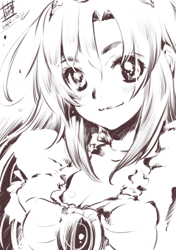 breasts cleavage cure_sunny dated hino_akane_(smile_precure!) inoue_sora long_hair magical_girl medium_breasts monochrome precure princess_form_(smile_precure!) signature smile smile_precure! solo translated