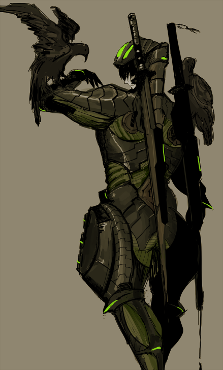 armor bird crow cyborg highres max_anarchy ninja pixiv_manga_sample reflection sega sword weapon zero_(max_anarchy)