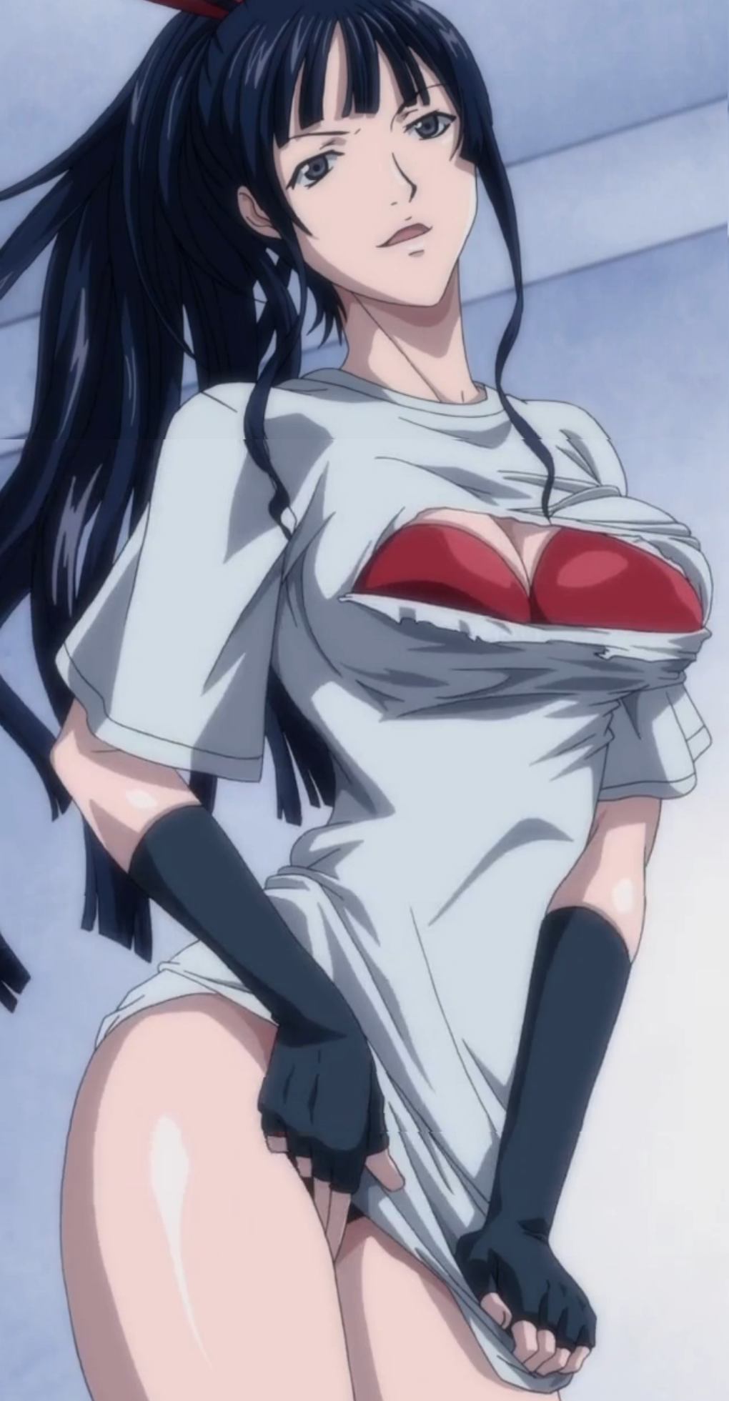 1girl air_gear black black_hair cut_shirt gorgon_shell hair highres long_hair mimasaka_ryou screencap solo stitched