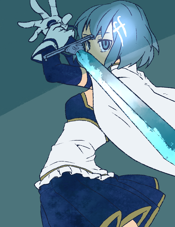 armband blue_background blue_eyes blue_hair cape gloves hair_ornament hairclip hinamiko magical_girl mahou_shoujo_madoka_magica mahou_shoujo_madoka_magica_movie miki_sayaka simple_background solo sword weapon