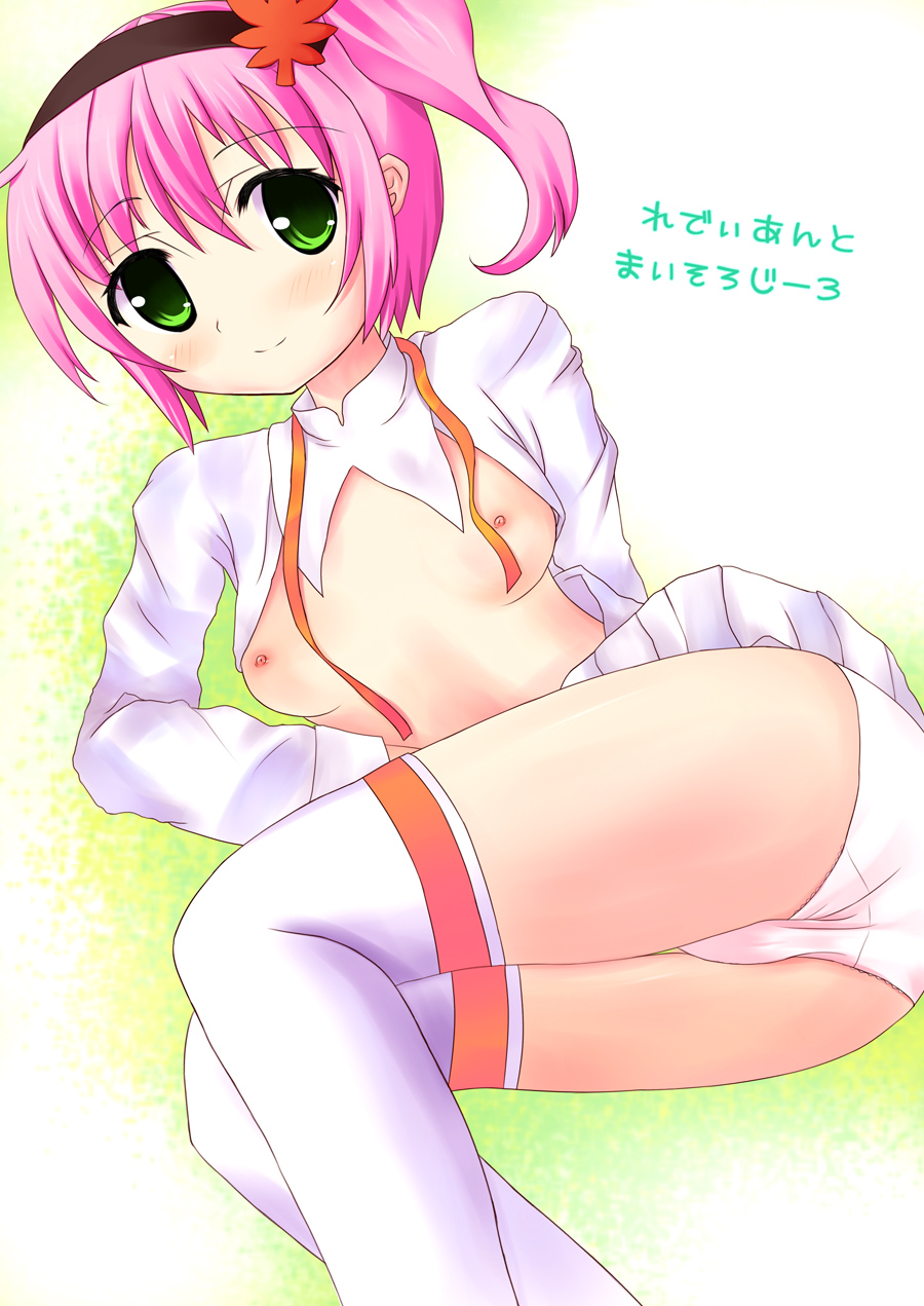 1girl alfa_system ass blush breasts green_eyes hairband highres kanonno_grassvalley midriff panties pink_hair skirt smile tales_of_(series) tales_of_the_world_radiant_mythology_3 thighhighs underwear upskirt